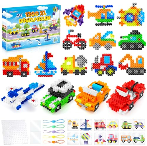 DazzBoom Juego de perlas grandes de 10 mm para planchar para vehículos, 1200 unidades XL con placas, 12 patrones y papel de planchar, 11 colores de colores XL, juego creativo de perlas para niños a
