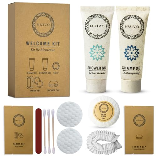 NUIVO – Pack de 50 Kits d’Accueil Écoresponsables Complets pour Hôtel, Airbnb, Gîte, Mariage – Mini Shampoing, Gel Douche, Savon, Vanity Kit, Bonnet de Bain – Sans Paraben - Format Voyage