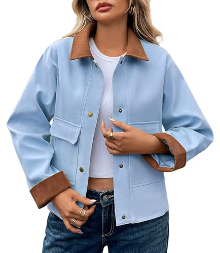 Chaquetas Mujer Cuello Alto Chaqueta Corta Casual Chaqueta Manga Larga Pana Solapa Botón Shacket Abrigo con Bolsillos Sudadera, azul, L