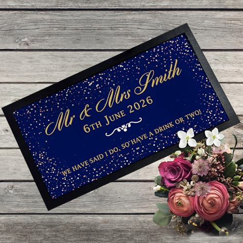 Chemin de bar personnalisé pour mariage - Décoration de table de mariage personnalisée | Tapis de bar pour réception, salle ou bar à domicile | 44 x 25 cm (bleu foncé)