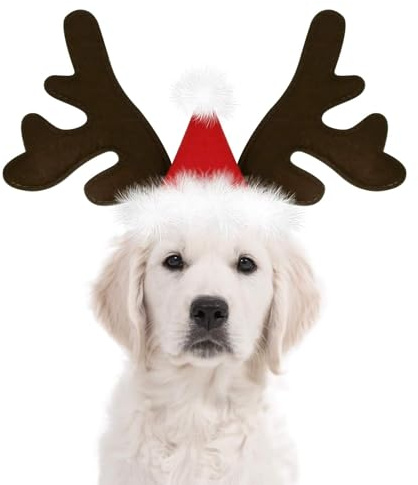 Weihnachten Haustier Stirnband, Braunes Rentiergeweih Hunde Accessoires Weihnachten Haarschmuck für Hauskatzen und Hundes Cosplay Weihnachtsfeier Weihnachtskostüm Haarreif Zubehör (B)