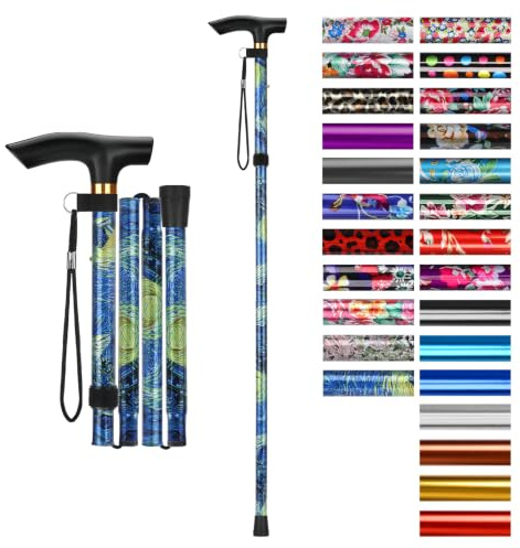 supregear Canne Pliante, Hauteur Réglable à 5 Niveaux Canne de Marche Légère Portable Bâtons de Voyage avec Dragonne et Poignée en T pour Personnes Âgées Handicapées Hommes Femmes