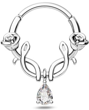 CM Crareesi Mania Septum Piercing Schmuck Rose & Schlange Helix Ring Silber Baumeln Daith Ring Tropfen CZ Knorpel Ohrring Piercing 316L Chirurgenstahl Septum Clicker für Frauen 8 10 mm