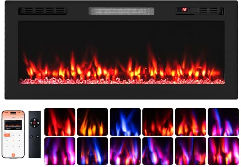 TANGZON 36”/42” Electric Fireplace, Wall Mounted/Recessed Fire Heater with 12 Flame Colors & Ember Bed Colors, 5 Brightness, Remote Control & 12H Timer, Compatible with Alexa Google (42”/106cm)