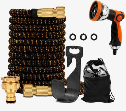 Tuyau d’Arrosage Extensible 22,5 m (75 FT) Premium – Triple Latex – Raccords en Laiton – Pistolet Métal 10 Modes de Pulvérisation – Haute Résistance (Orange)