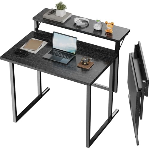 JUMMICO Escritorio Plegable 80cm, Mesa de Computadora Plegable con Soporte para Monitor, Ahorra Espacio y es Fácil de Instalar, Ideal para Oficinas en Casa, Negro