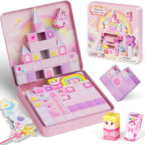 burgkidz Magnetiska konstruktionsspel, 48 stycken, 2 cm - magnetiska enhörningsblock för flickor med resemetalllåda, perfekt för tåg, flygplan och camping - STEM prinsessgåva 3–8 år
