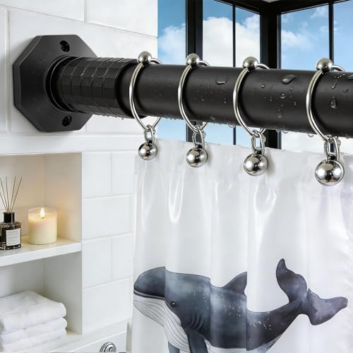 ZYKORT Tension Curtain Rods No Drilling 45-86 In, Black Shower Curtain Rod for Bathroom, Adjustable Long Curtain Rod for Windows Patio Closet, Heavy Duty Tension Rod, Never Rust, Rod Diameter 1.26 In