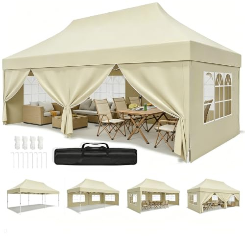 Hawthyhome Pavillon 3x6 Wasserdicht Stabil, Faltpavillon 3x6 mit 4 Seitenteilen, Pop Up Pavillon UV Schutz 50+, Höhenverstellbar Partyzelt Gartenpavillon Für Outdoor Camping, Beige Mit Seitenwänden
