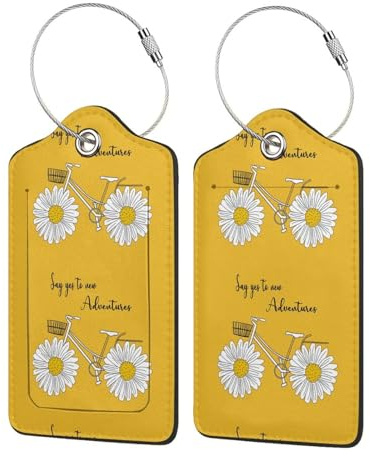 2 Gepäckanhänger für Koffer, Daisy-Motiv mit Fahrrad-PU-Leder-Sichtschutzhülle, Ausweisetikett mit Edelstahlschlaufe und Adresskarte für Reisetaschen und Koffer
