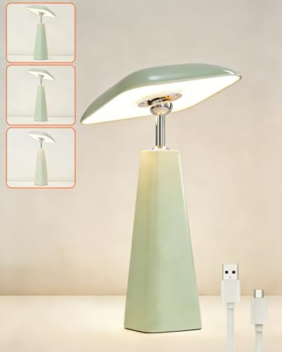 HARPER LIVING Rechargeable Table Lamp, Magnetic Touch Mushroom Bedside Light Dimmable, Portable LED Battery Desk Lamp for Bedroom Living Room Home Office Kids Room (Shiny Light Green)