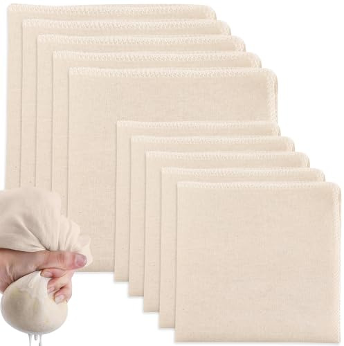 10 Piezas Colador de Tela — 5 piezas (50x50 cm) + 5 piezas (60x60 cm) | Tela de lino para hornear pan | Tela filtrante sin blanquear y reutilizable | Ideal para quesos caseros, jugos y más