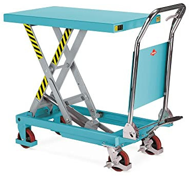 Ameise Scheren-Hubtischwagen LTT mit Einfach-Schere | 150 kg Tragkraft | 220-720 mm Hubbereich | fahrbarer Hubtisch mit Feststellbremse | fußbetriebene Hydraulikpumpe | 700 x 450 mm Plattform