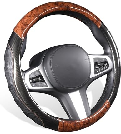 TOYOUN Couvre Volant Voiture Universelle Housse de Volant 37-38CM Grain de Bois Cuir Microfibre Protege Volant Voiture Antidérapant, Noir e Marron