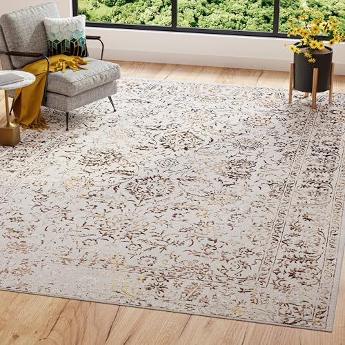 TAPISO Golden Teppich Kurzflor Wohnzimmer Schlafzimmer Luxuriös Creme Gold Braun Vintage Rahmen Blumen Meliert Verwischt Modern Design ÖKOTEX 200 x 300 cm