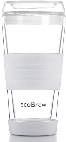 ecoBrew Gobelet de voyage en verre à double paroi de 473,6 g avec couvercle, passe au lave-vaisselle et au micro-ondes, gobelet à café transparent à emporter, tasse en céramique réutilisable pour