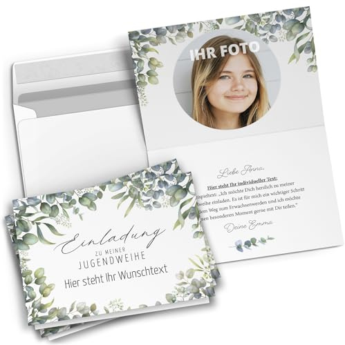 10 personalisierte Jugendweihe Einladungskarten mit eigenem Text und Foto - Eukalyptus Modern Mädchen Junge - Einladungen mit Umschlägen