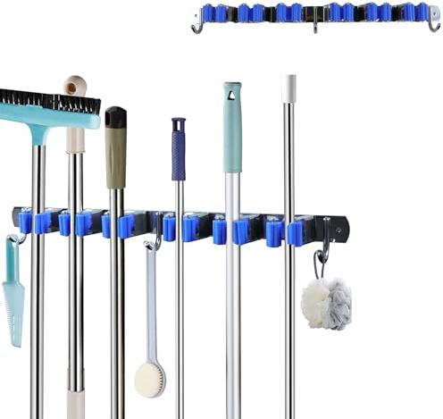 Tefola Besenhalterung Wand Selbstklebend, Wandhalterung Schrubber, Gerätehalter, Besenhalterbesenhalter, Gartengerätehalter mit 5 Halter und 4 Haken für Zuhause, Küche, Garage, Garten