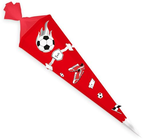 itenga Bastelschultüte Schultüte Bastelset EASY Fussball - Schultütenrohling 85cm mit Dekoset Fussball- Zuckertüte eckig (rot weiss - Tüte rot)