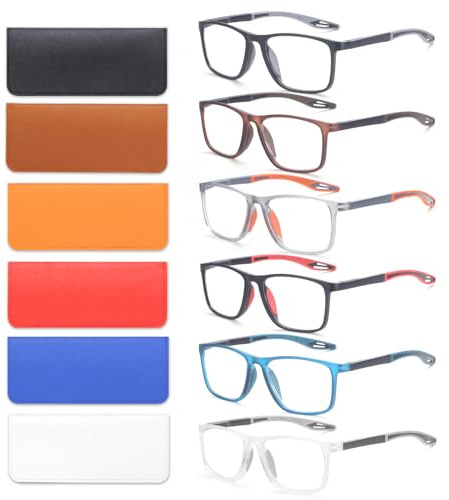 BLOEXCLU 6 Pack Reading Glasses for Men Sports Style Blue Light Blocking Readers with Spring Hinge Women Eyeglasses (Black & red & Brown & Orange & Blue & transparent, 1.5, x)