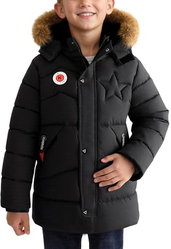 SEAUR Noir Veste Chaude Hiver Garçon Manteau Doudoune Matelassée Rembourrée Veste Coupe Vent Enfant Zippée Parka en Duvet 8-9 ans