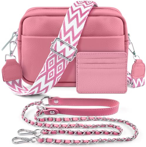 BROTOU Handy Umhängetasche Echtes Leder Crossbody Bag mit 2 Breitem Schultergurt Kartenhalter, Schwarz UmhäNgetasche Damen Leder UmhäNgetasche Damen, Kleine Tasche Damen mit 3 Fächern