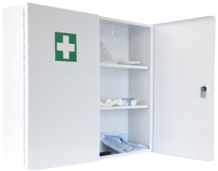 FAP First Aid Products Verbandschrank G inkl. DIN 13157:2021 Füllung – Erste Hilfe Schrank groß - Metall, zweitürig – 3 Fächer + abschließbares Medikamentenfach – Wandmontage – Weiß – 60 × 50 × 13 cm