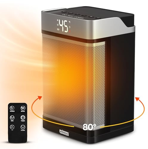 Electric Space Heater - 1500W Energy Efficient, Portable PTC Ceramic Fan Heater with Thermostat, 80° Oscillating Remote Control, Low Noise, 3-Mode, 12H Timer, Overheat Tip Over Protection - Avenhaz