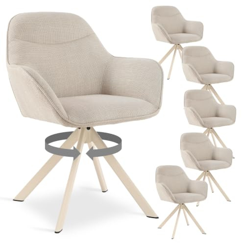 Goeurvant Esszimmerstühle Drehbar Beige 6er Set mit Armlehne, 360° drehbar, Polsterstuhl Leinen, Drehstuhl Esszimmer, Küchenstuhl mit Beige Metallbeine für Esszimmer, Wohnzimmer, Büro