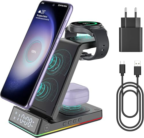 Induktive 3-in-1 Ladestation, kabelloses Ladegerät für Samsung Galaxy S24/S23/S22 Ultra/S21/S20, Galaxy Buds+ Pro und Galaxy Watch 5/5 Pro