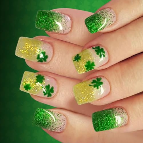 1 lot de faux ongles courts Patrick Green Trèfles dégradés français pailletés pour événements festifs Durabilité ABS Court Press on Nail