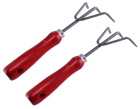NUOBESTY Râteau de Jardin Manuel Lot de 2, 3 Dents en Métal Manche en Bois Rouge, Petit Outil de Désherbage et Retournement de Terre pour Jardinage à Main, Entretien Cour et Potager