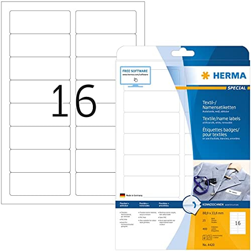 HERMA 4420 Namensetiketten DIN A4 ablösbar (88,9 x 33,8 mm, 25 Blatt, Acetatseide) selbstklebend, bedruckbar, rückstandsfrei abziehbare Namensaufkleber, 400 Klebeetiketten, weiß