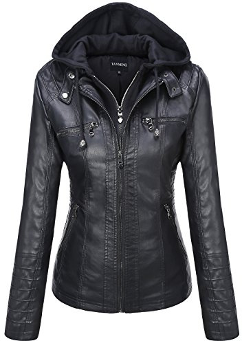 Tanming Faux Leather Jacket Women Hooded Moto Biker Coat(Black-L)