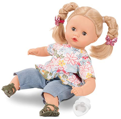 Götz 2120944 Muffin Minimaxi Puppe 33 cm Babypuppe Blaue Schlafaugen | 8-tlg, blonde Haare, Weichkörper, für Kinder ab 3 Jahren, frisierbar, waschbares Haar, mit Schnuller und Glitzer-Haargummis