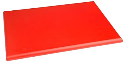 Hygiplas Thick HDPE Dishwasher Safe Chopping Board 450x300x25mm, Red | Non-porous surface resists warping, knife scratches and odour absorption to maintain food safety in busy kitchens.