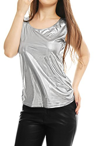 Allegra K Damen Glitzer Oberteile Metallic Top Ärmellos U Neck Party Tank Top Bluse Silber S