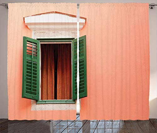 ABAKUHAUS Rustikal Rustikaler Gardine, Alte Retro Haus Fensterläden, Schlafzimmer Kräuselband Vorhang mit Schlaufen und Haken, 280 x 260 cm, Orange Grün Weiß