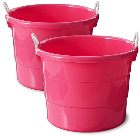 HOMZ 2-Pack Utility Tub, Large Plastic Storage Bucket with Rope Handles, 18 Gallon, Pink - Portable Indoor and Outdoor Buckets for Kitchen, Laundry, Garden, Bathroom, and Garage Organization