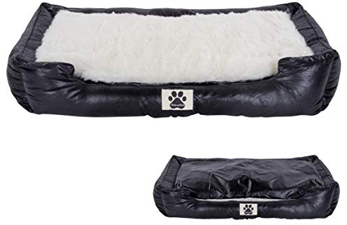 DeluxePet 'Schlummer' Hundebett schwarz 80x60 aus Kunstleder mit 2in1 Wendekissen, Hundekissen für große Hunde mit einer Fell und Leder Seite, Seiten weich gepolstert, Anti-Rutsch Rückseite