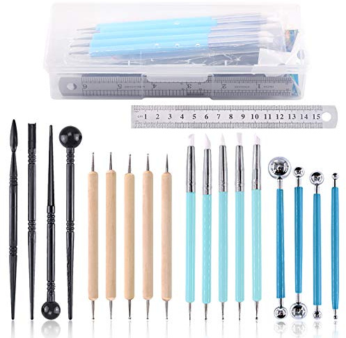 Swpeet 19 st modelleringslera skulpteringsverktygssats, boll stylus verktyg, keramikverktyg, plastlerverktyg, skulpteringssats för att göra modellering lera tårta fondant dekoration, lera, keramik