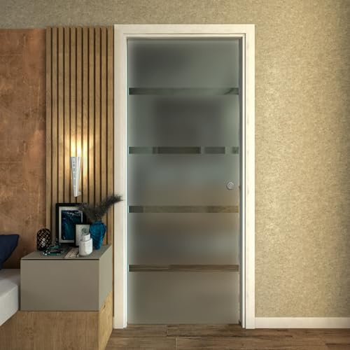 PORTA SCORREVOLE SCOMPARSA IN VETRO SATINATO CON RIGHE 80X210 (SINISTRA)