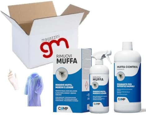 Camp RIMUOVI MUFFA, Elimina rapidamente muffe, funghi, e alghe, Antimuffa igienizzante con guanti e Kit impermeabile per LEI (rosa) o per LUI (blu) (blu, 750ml + risanante)