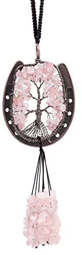 Nupuyai Hufeisen Kristall Hängeornament Baum des Lebens Auto Anhänger für Spiegel mit Tumbling Rosenquarz Stein Quaste für Reiki Healing, Fenster Ornament, Yoga-Meditation