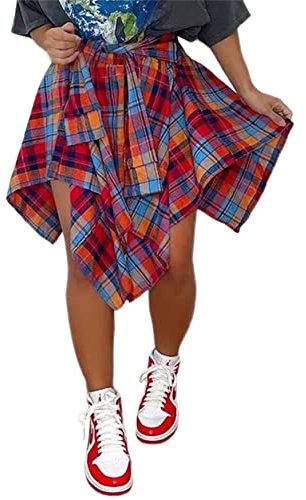 Plus Size Plaid Skirt Mini - High Waisted Trendy Knotted High Low Hem A-line Skater Skirts Multicolored XXL