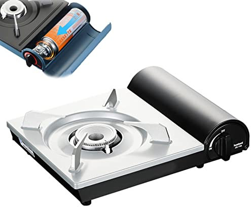 Portable Réchaud à Butane 11000 BTU Réchaud de Camping à Gaz Pare-vent Flamme Spirale Allumage Électronique pour Camping Extérieur Randonnée,White,Onesize