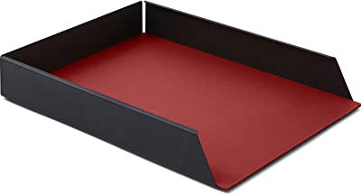 Eglooh - Dafne - Ablagefächer Stapelbar für Schreibtisch und Büro mit Struktur aus schwarzem Stahl - Innerer Boden aus echtem Leder Hellrot - DIN A4 cm 32,5 x 24,2 x H.5 - Made in Italy