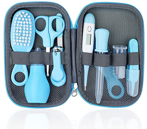 Vusddy Baby Pflegeset für Neugeborene - 10-teiliges Erstausstattung für Neugeborene - Tragbares Baby Hygiene Zubehör für Jungen und Mädchen - Ideal Neugeborenen Geschenk für Baby Shower(Blau)