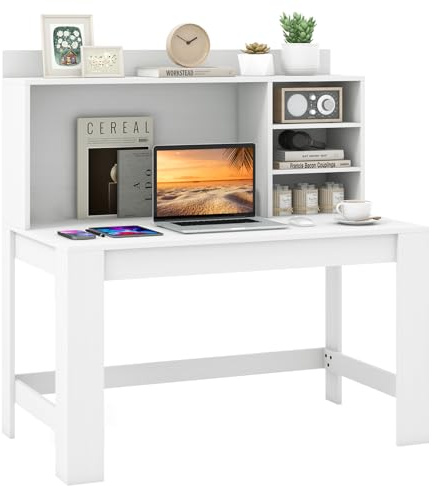 COSTWAY Computer Desk with Storage Bookshelf (White) | Wooden Study Table Writing Workstation, PC Laptop Working Desk with Raised Display and 3 Shelves for Home Office Bedroom