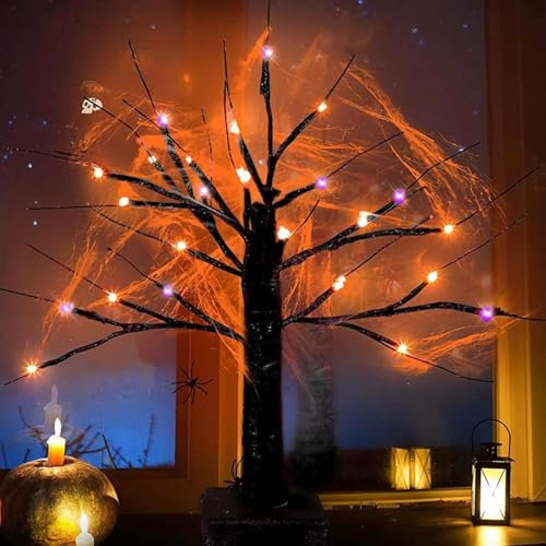 Arbre d'halloween à intensité Variable de 60 cm avec 24 lumières LED Orange et Violettes et Arbre Noir d'intérieur avec araignée et Toile effrayante, 8 Modes d'éclairage, Alimentation USB/Batterie
